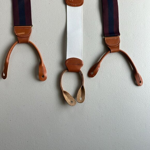 Brooks Brothers Maroon Navy Stripe Adjustable Suspenders Silk Leather England - Picture 2 of 9
